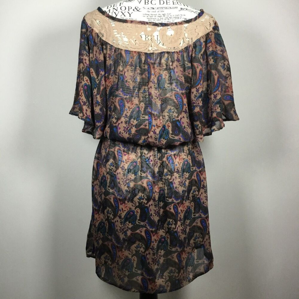 Sheer tunic dress coverup paisley pattern elastic waist ruffle sleeve lace L - Picture 4 of 5
